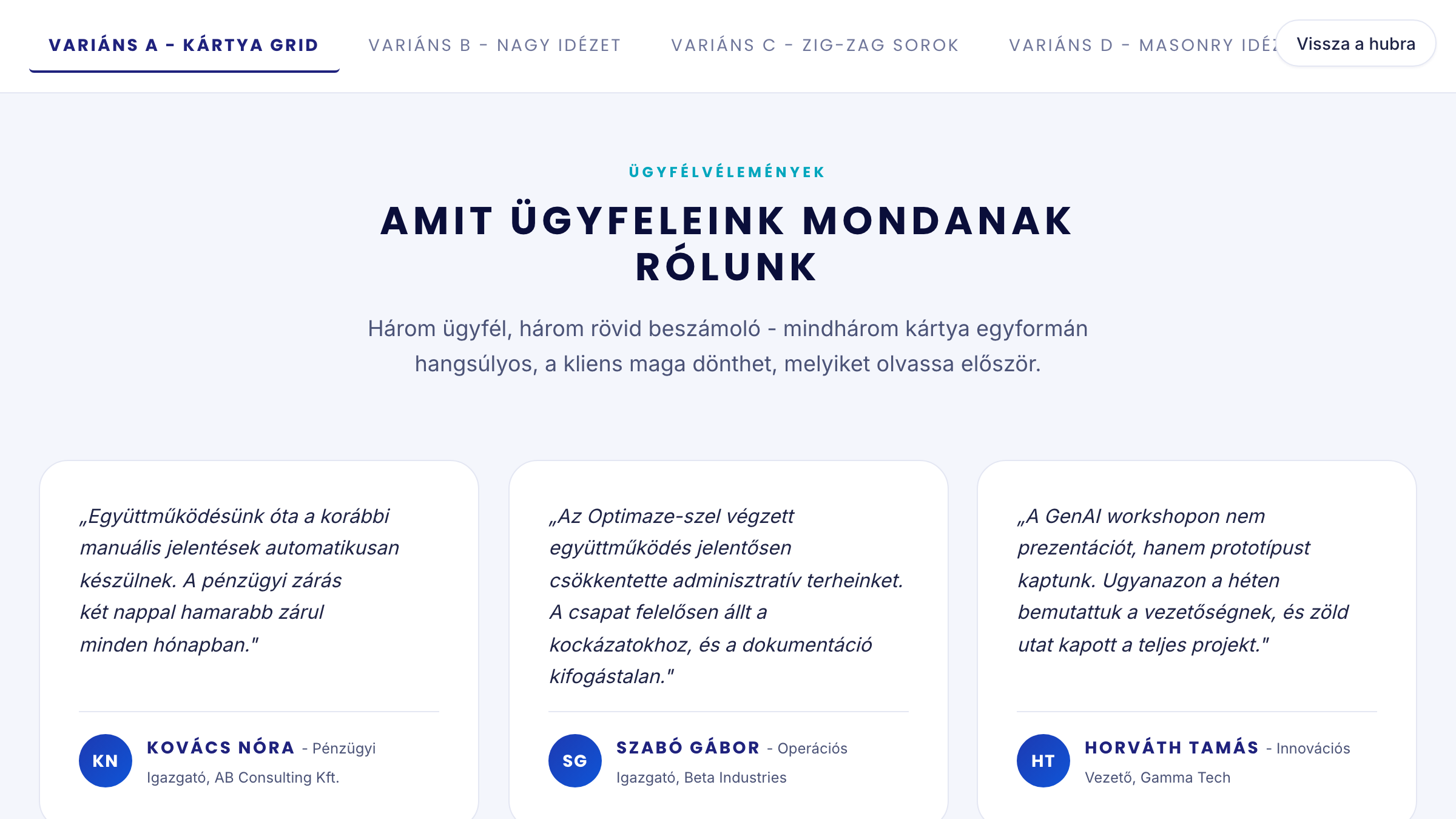 Testimonials szekció előnézet